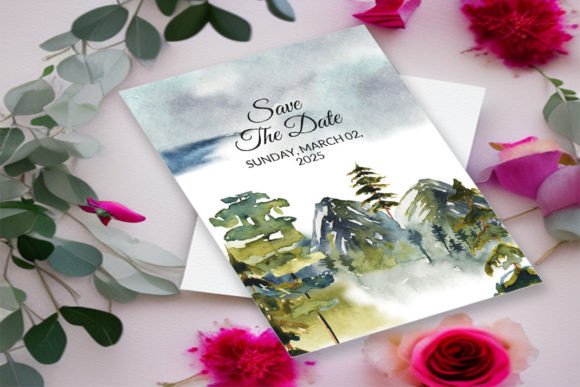 Green Forest Winter Wedding Card Design for Print Templates