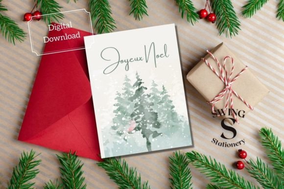 Joyeux Noel Watercolor Bird Tree Card for Print Templates