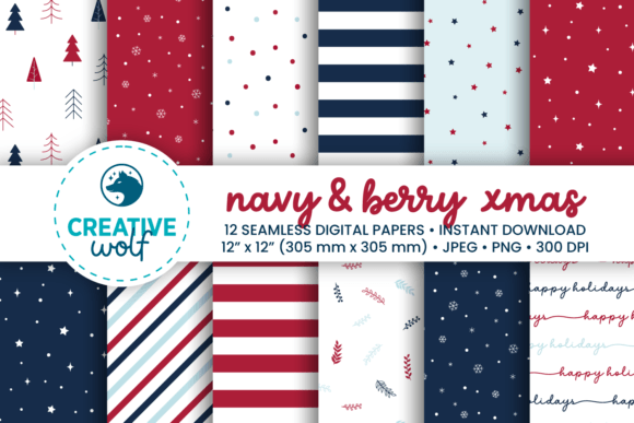 Navy and Berry Xmas Digital Paper Set: Premium Patterns for Seasonal Design