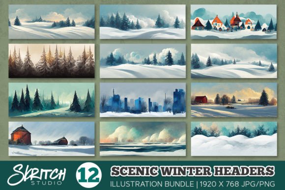 Scenic Winter Header - 12 Illustrations for Backgrounds