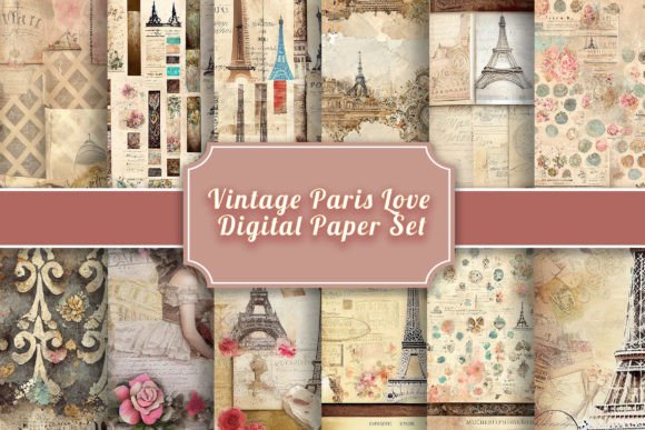 Vintage Paris Love Digital Paper Set for Crafts and Branding