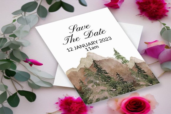 Winter Wedding Card with Mountains Tree